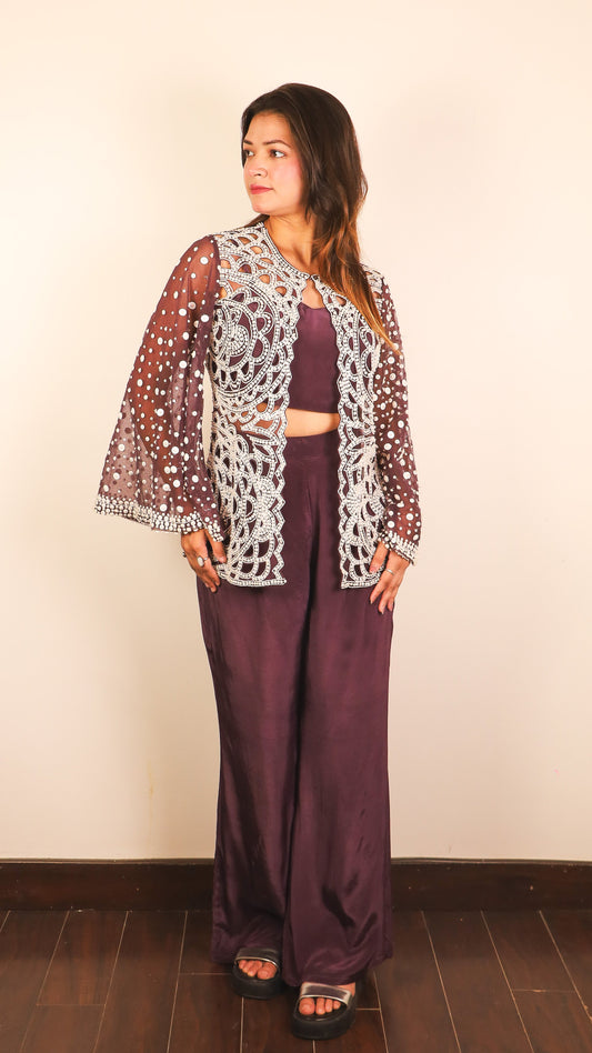 Fahmida - Cut-work Jacket with Bustier and plazo