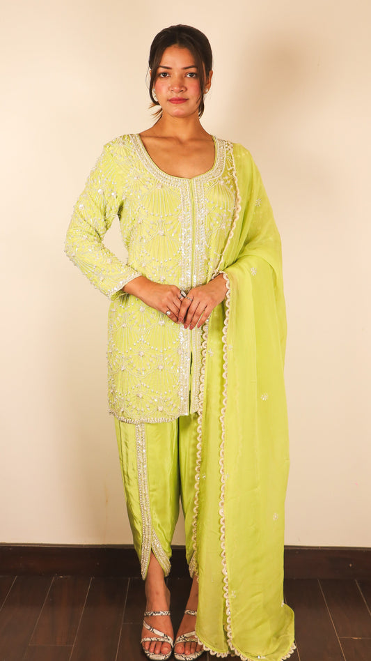 Aabish - Handwork Kurta Dhoti set (LIME GREEN)