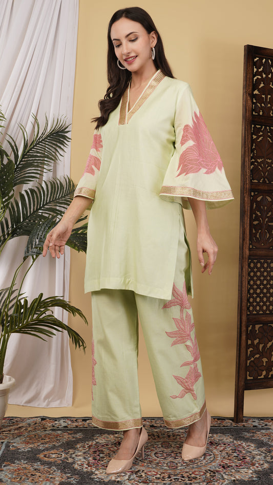 Mohsina - Applique work Co-ord set (LIGHT GREEN)