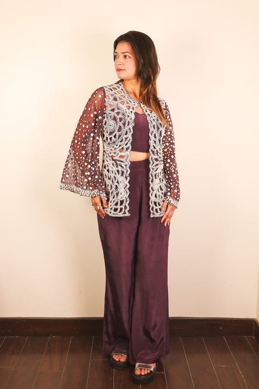 Fahmida - Cut-work Jacket with Bustier and plazo