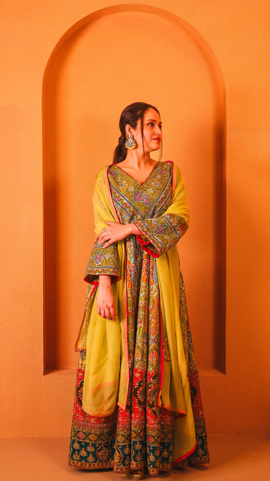 Gulnaar - Anarkali with patch work dupatta (GREEN)
