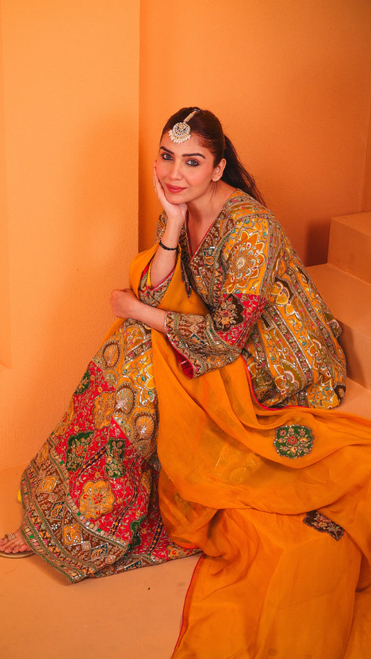 Gulnaar - Anarkali with patch work dupatta (YELLOW)